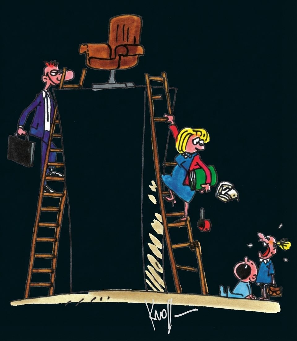 Cartoon: Zwei Leitern zu einem hohen Podest mit Sessel, Mann links und Frau rechts klettern, zwei Kinder unten weinen.